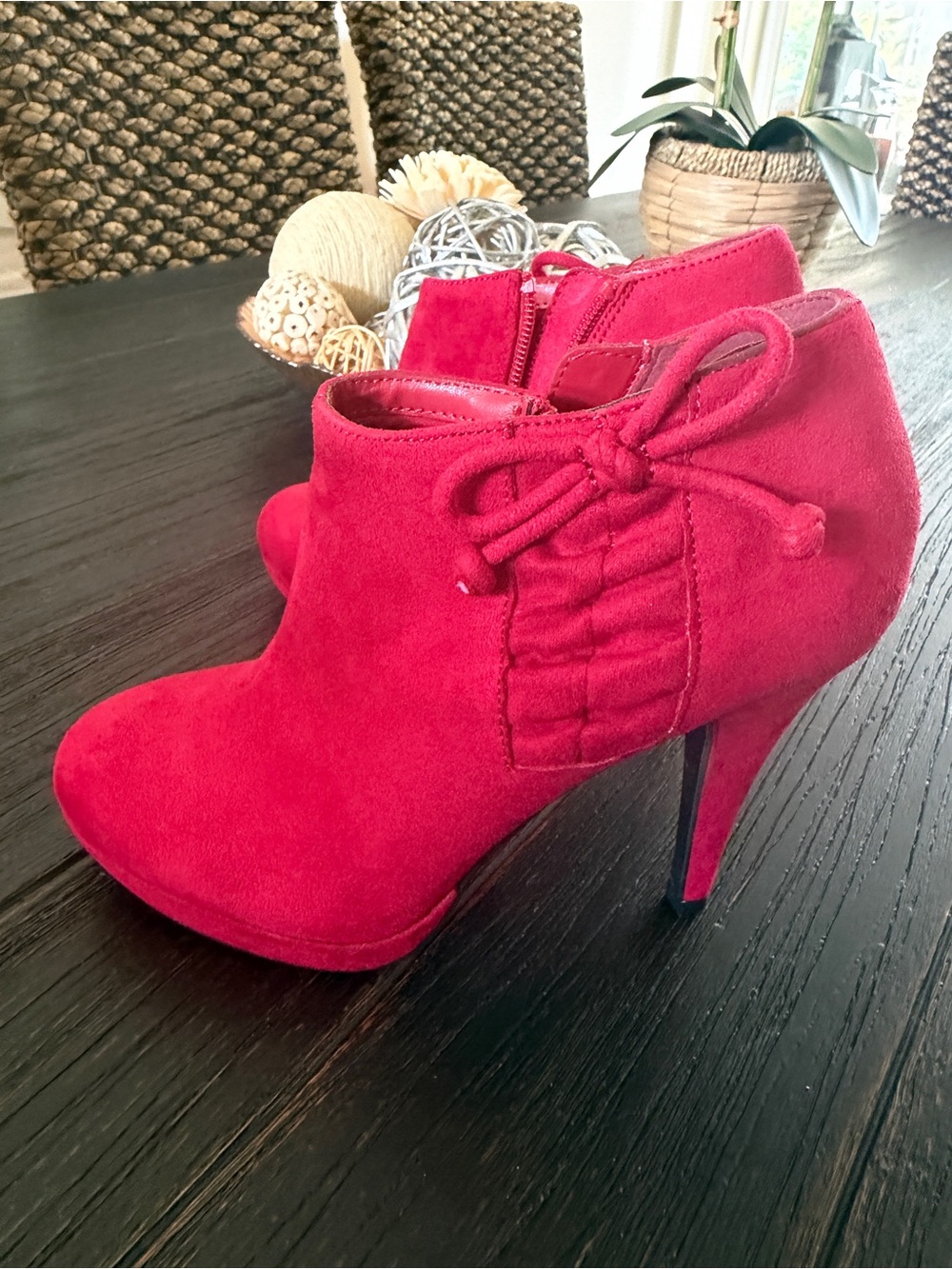 Women’s Red Suede High-Heel Ankle Booties (Unworn)